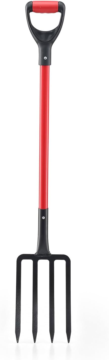 Heavy Duty Garden Fork, 4-Tine Digging Fork with Ergonomic Fiberglass Handle, Pitch Fork, 44 Inch Spading Fork for Compost, Mulch, Hay & Soil