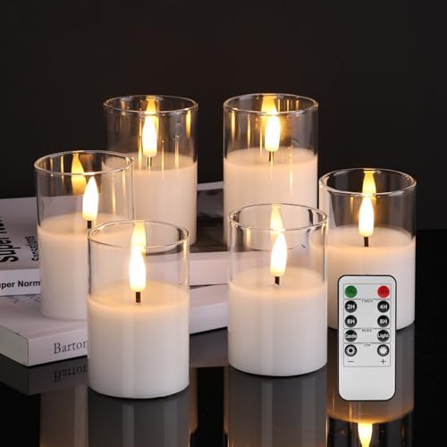 Clear Glass Flameless Votive Candles with Remote Timer, Real Wax Flickering LED Battery Candles Set of 6 Φ 2" H 3" by Girimax