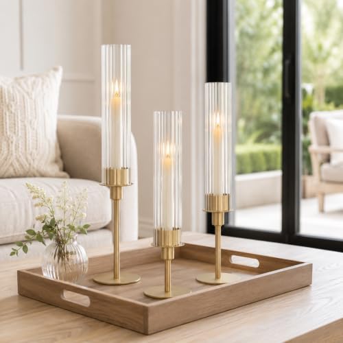 Sziqiqi Gold Hurricane Candle Holders: Gold Candlestick Holders Set of 3 - Image 3