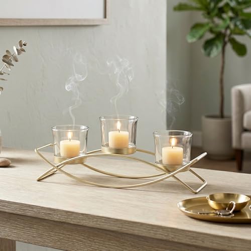 Seraphic Iron Arch Table Centerpiece Decorations Long Candle Holder for Weddings, Patio, Kitchen, Dining Room, and Coffee Tables, Gold, Clear Chunky 3 Cups - Image 2