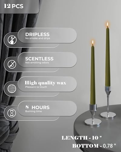 10 Inch Olive Taper Candles-Dripless Unscented Green Tapered Candle Smokeless Candlestick Long Slow Burning 8 Hours Tall Sticks for Christmas Wedding Dinner Parties 12 Pack - Image 2