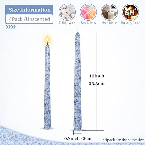 Blue Floral Long Taper Candles - 10 Inch Unscented and Smokeless Flower Printed Candle for Wedding, Dining & Holiday Table Centerpiece Set of 4 - Image 5