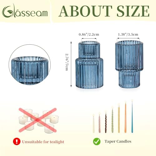 Glasseam Glass Taper Candle Holder 2Pcs Small Candlestick for Coastal Decor - Image 5