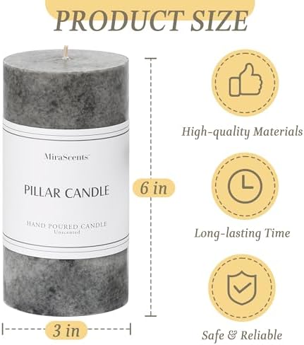 3x6 Inch Grey Pillar Candles Set of 3, Hand-Poured Unscented Pillar Candles - Image 3