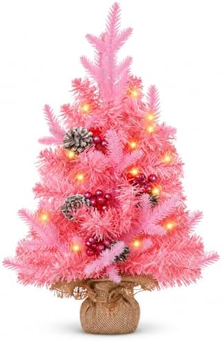 MEETYAMOR 2 FT Mini Christmas Tree, 24" Prelit Pink Small Artificial Tabletop Christmas Trees Decor with Timer, Outdoor Indoor Porch Table Centerpieces Xmas Christmas Decorations by MEETYAMOR
