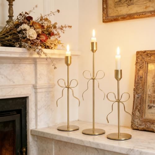 Bow Candle Holder - Bow Candlestick Holder Set of 3 Metal Gold, Modern Decorative Taper Candle Holder for Centerpiece Wedding Dining Table Holiday Housewarming Gift (Gold) by Ohmique