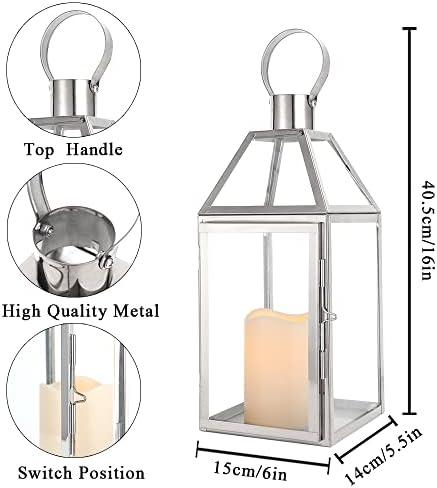 JHY Design Silver Decorative Lanterns 16inch High Stainless Steel Candle Lanterns with Tempered Glass for Indoor Outdoor Events Parities and Weddings - Image 3