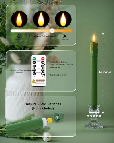 Homemory 3 Pcs Waxy Green Flameless Taper Candles with Remote Timer, LED Fake Candlesticks, 9.6 Inches Battery Tall Candle with 3D Flickering Flame for Wedding, Dinner, Christmas Anniversary Decor - Image 7
