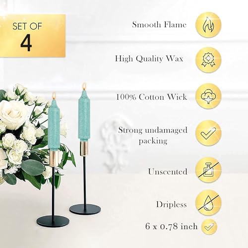 Teal Crystal Short Taper Candle Sticks Dripless Tapered Candles for for Holiday Wedding Party Wax Unscented Dinner 6 inch Set of 4 - Image 5