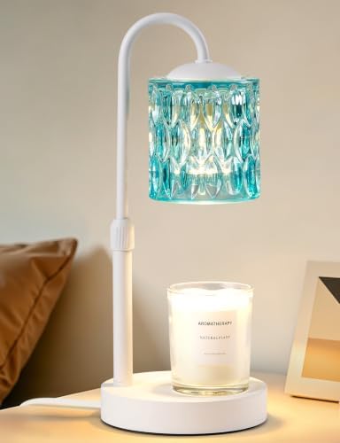 Briever Dimmable Candle Warmer Lamp with Timer, Height Adjustable Electric Candle Wax Warmer, Birthday Gifts for Women Mom, House Warming Gifts New Home Decor, Solid Wood Base, White Blue Glass by Briever