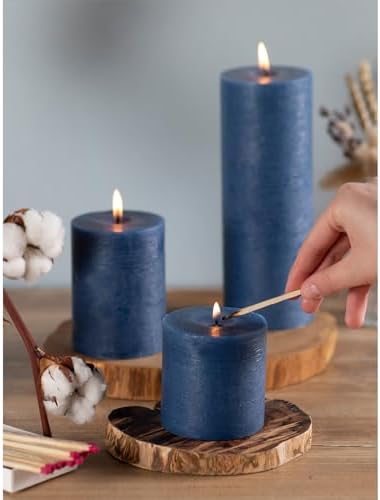 CANDWAX Assorted Pillar Candles Set of 3 – Sizes 3", 4", 8" Unscented Dripless Large Candles, Rustic Style Long Burning for Weddings, Decor – Dark Blue - Image 4