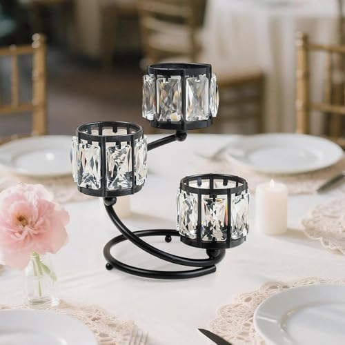 Metal 3 Arm Crystal Candle Holder - Tea Light Centerpiece Candle Holder, Votive Holder with Sparkling Crystal Bowl, Suitable for Wedding, Table Centerpiece, Home Decor (1, 3 arm-Black) - Image 5