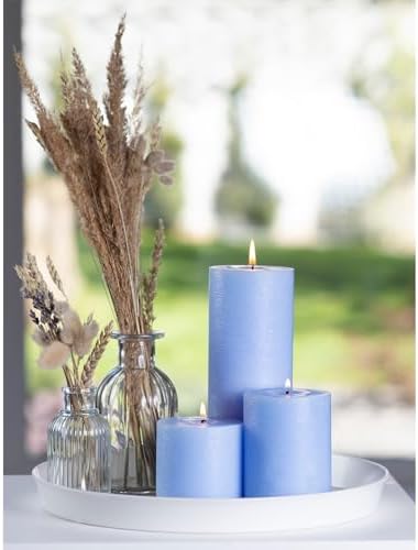 CANDWAX Assorted Pillar Candles Set of 3 – Sizes 3", 4", 8" Unscented Dripless Large Candles, Rustic Finish Long Burning for Weddings, Home Decor – Light Blue - Image 6