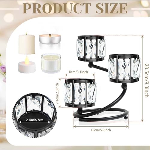 Metal 3 Arm Crystal Candle Holder - Tea Light Centerpiece Candle Holder, Votive Holder with Sparkling Crystal Bowl, Suitable for Wedding, Table Centerpiece, Home Decor (2, 3 arm-Black) - Image 2