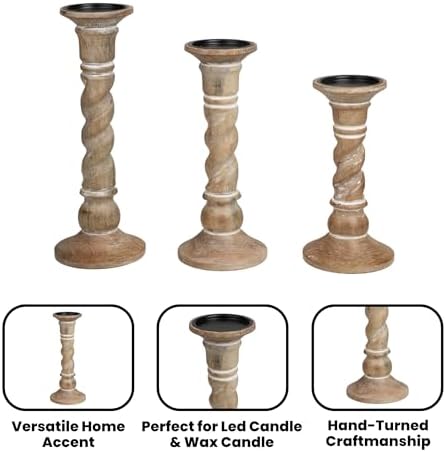 Set of 3 White Wash Farmhouse Wood Pillar Candle Holders - Handcrafted Rustic Tall Candle Holders for Home Decor, Centerpieces, Weddings, and Events - Heights: 14", 12", 10" - Image 4