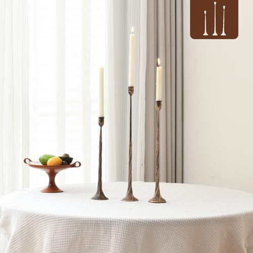 Set of 3 Candle Stick Holders, Iron Antique Gold Candlestick Holders, Fits 3/4 inch Thick Candles, Tapered Candle Holders Tall Set for Dining Table, Wedding, Home Decoration by WOLAOJA