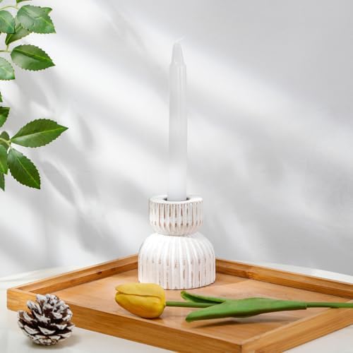 TRENDIN Reversible Rustic Pillar Candle Holders Set of 2, Distressed White Wood Candle Stand Set for Table, Fluted Farmhouse Wooden Candlestick Holders for Fireplace Mantel, Dining Room Decor - Image 2