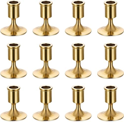 Romadedi Gold Candlestick Candle Holders for Taper, 12 PCS Gold Brass Color Candle Stick Candle Holder for Table Centerpiece, Wedding Reception, Festive Christmas Mantel Decoration or Home Decor by ROMADEDI