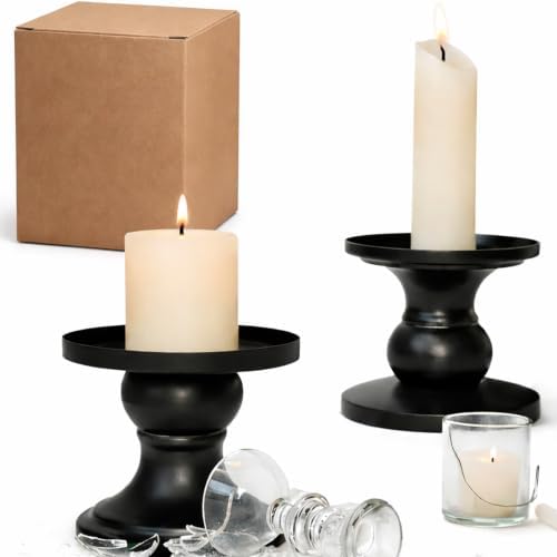 Matte Black Iron Pillar Candle Holders, 2pcs Reversible Design for Pillar & Taper Candles, Living Room Dining Table Fireplace Decor, Meditation, De-Stress, Romantic Ambiance by Unknown
