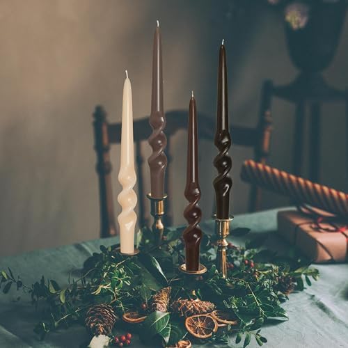Gradient Brown Smokeless Candles Handmade Twisted Taper Candle 9.5 Inch Long Spiral Candlesticks Dinner Unscented Candles for Holiday Wedding Party Home Decor 4 Pcs - Image 2
