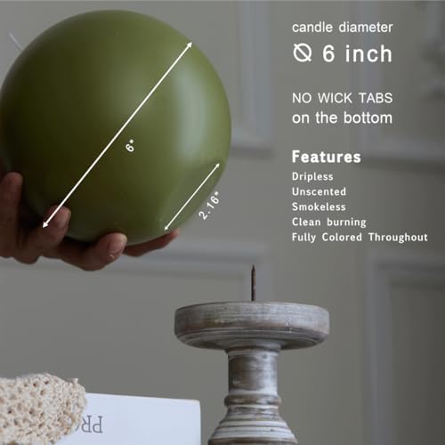 MOZEAL Hand-Poured, 6 Inch Olive Green Large Round Ball Candles - Elegant Olive Green Round Pillar Candles, Dripless, Unscented, Smokeless, Ideal for Autumn Gatherings. - Image 4