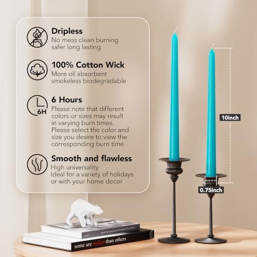 New Burning Formula Unscented Dripless 10-Inch Taper Candles Set of 12 - Turquoise, for Wedding, Dinner - Smokeless, Long Burning - Hand Poured, Colored Tall Candlesticks - Turquesa - Image 2
