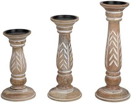 Set of 3 White Wash Farmhouse Wood Pillar Candle Holders - Handcrafted Rustic Tall Candle Holders for Home Decor, Centerpieces, Weddings, and Events - Heights: 14", 12", 10" by Lightnpro