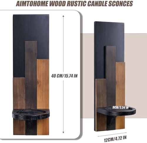 Wood Rustic Candle Sconces, Set of 2 Wall-Mounted Pillar Candle Holders, Antique Classical Wooden Candleholder for Farmhouse, Fireplace, Living Room, Bedroom, Rustic Home Decor - Image 3