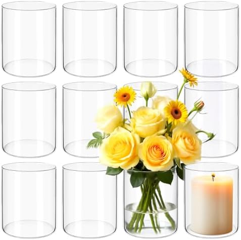 12Pack Glass Cylinder Vases for Centerpieces - 4 Inch Small Flower Vase for Wedding Decorations, Floating Candle Holder Vase Bulk,Glass Hurricane Candle Holders for Table Shelf, Party, Home Decor by Yemosa