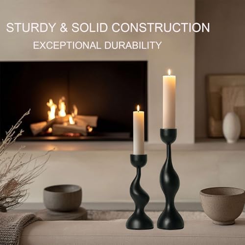 Smtyle Modern Sculptural Black Candle Stick Holders Cast-Aluminum Taper Set of 2 (7″ & 8″) Dual-Height Candlesticks for Dining Table Wedding or Home Decor - Image 4