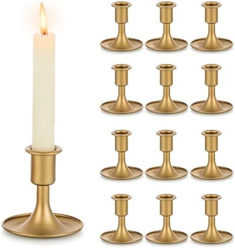 Gold Taper Candle Holder Set of 12, Hewory Short Skinny Brass Candlestick Holders, Vintage Small Low Metal Candles Sticks for Wedding Centerpieces Christmas Birthday Party Holiday Dinning Table Decor by Hewory
