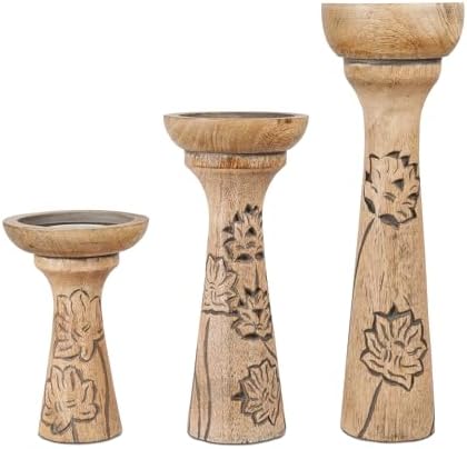 Mela Artisans Lotus Vine Wood Candle Holders - Natural Grey, Set of 3 by MelaArtisans