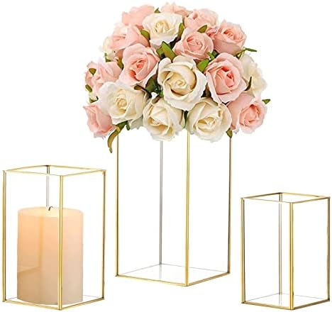 Hewory Glass Hurricane Candle Holder Set of 3, Gold Large Hurricane Centerpiece for Table, Tall Floor Square Pillar Candle Holders Lantern Set for Wedding, Anniversary, Party, Fireplace, Dining Room by Hewory