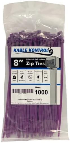 Kable Kontrol Purple Zip Ties 8 Inch 1000 Pcs, 50 Lbs Tensile Strength, Self-locking Nylon Colored Cable Ties Wire Wraps for Indoor or Outdoor Use