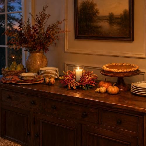 15" Fall Berry Candle Ring Centerpiece with Glass Hurricane Holder - Image 7