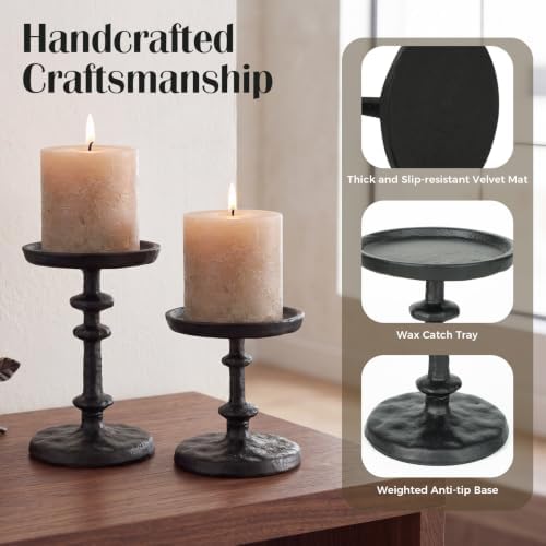 Black Cast Iron Pillar Candle Holders Set of 2 Farmhouse Candlesticks - Image 4