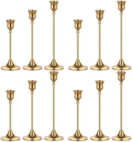Metal Candle Holders for Candlesticks Taper Candlestick Holders Set Vintage Decorative Centerpiece Candelabra Tall Candle Stands (Gold, 4 Sets (12 pcs)) by Unknown