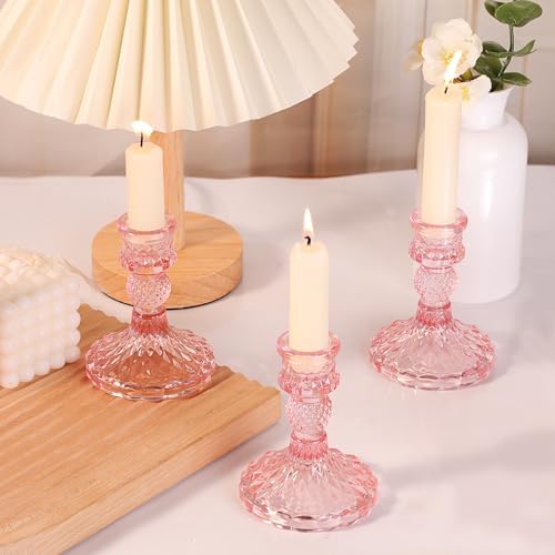 12Pcs Pink Candlestick Holders Set- 4" H Taper Candle Holders Bulk, Glass Candle Holders for Wedding, Party, Romantic Dinner Table Centerpieces, Festival Gifts & Windowsill Decor - Image 3