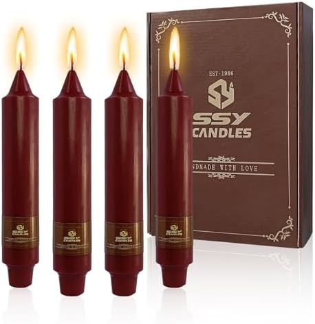 NJAO HOO Burgundy Short Taper Candle 7 Inch Christmas Candlesticks Red Unscented Dripless for Home Dinner Decor Halloween Party, 4 Pack by NJAOHOO