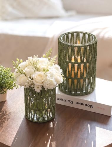 NUPTIO Rattan Hurricane Candle Holders: Set of 2 Boho Lanterns for Pillars by Nuptio