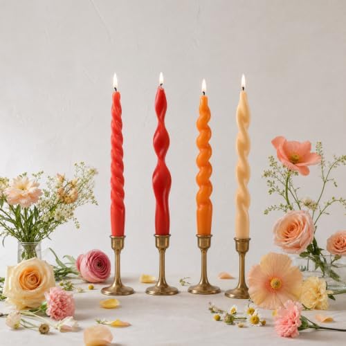 4 Pack Twisted Taper Candles Unscented Dripless Spiral Candlesticks Smokeless Swirl Wax Colorful Decorative Candle Sticks for Wedding Dinner Party Home Decor (Sunset Red Orange, 7.8 inch) by Unknown