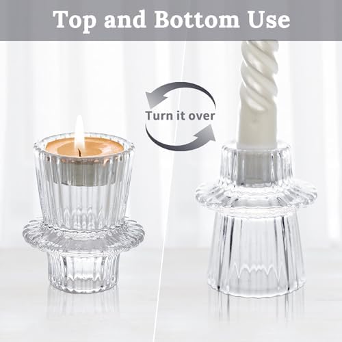 Candlestick Holders Set of 3, Ribbed Glass Taper Candle Holders, Reversible Clear Tealight & Candle Stick Candle Holder Vintage Crystal Tealight Candle Holder for Wedding Dinner Party - Image 4