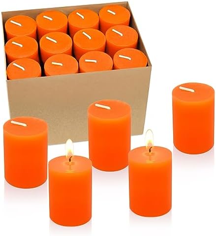 24 Packs Unscented Orange Votive Candles, Small 2.0 Inch 12 Hours Wax Fall Harvest Colored Candles for Thanksgiving Halloween, Wedding, Party, Holiday & Home, by Unknown