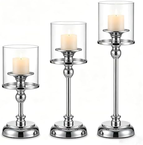 3PCS Sliver Hurricane Candle Holders, Glass Hurricane Candlestick Holders for Pillar Candles, Tall Metal Candle Holders with Removable Glass Shade for Wedding Centerpieces, Dining Table Decor by Unknown