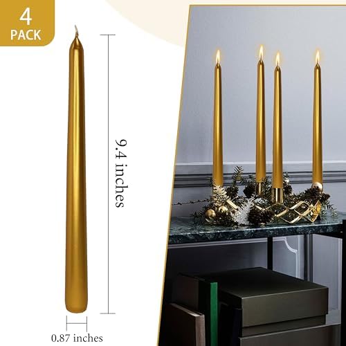 10 Inch Gold Taper Candles 4 Pack, Shiny Crimson Dinner Candles for Standard Holders, Unscented Soy Wax Long Stick Candles for Christmas Winter Wedding Holiday Table Decoration - Image 5