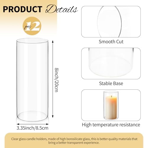 12Pack Glass Cylinder Vases for Centerpieces - 8 Inch Tall Flower Vase for Wedding Decorations, Floating Candle Holder Vase Bulk,Glass Hurricane Candle Holders for Table Shelf, Party, Home Decor - Image 2