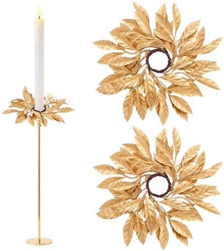 Daifunli 2 Pcs Christmas Artificial Gold Bay Leaf Candle Rings Gold Bayleaf Candleholders Wreath for Taper Candles 1.25 Inch Candles Holder for Christmas Rustic Table Centerpiece Decor by Huiinen