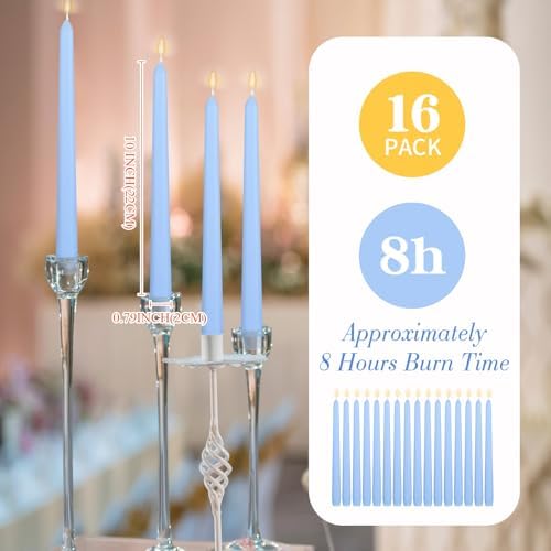 MTLEE 16 Pcs 10 Inch Taper Candle Sticks Smokeless Unscented, Sky Blue - Image 2