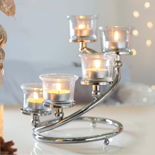 1Pc Silver 5-arm Metal & Glass Tea Light Candle Holders for Table Centerpiece, Glass Votive Tealight Holders/Candelabra Candlestick Holders for Wedding,Party, Anniversary,Christmas - Image 2