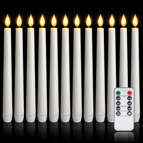 12 Pcs Flameless Taper Candles with Remote and Timer, 9.6 Inches Plastic LED Candlesticks, White Battery Operated Window Candles, for Home Wedding Christmas Party Decoration by meigic